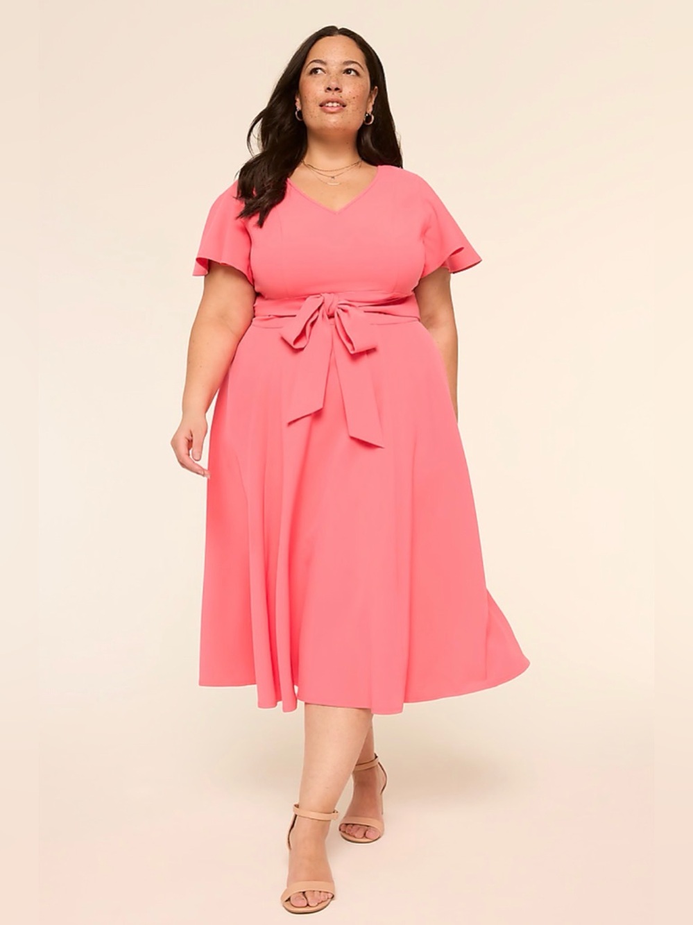 NWT Lane Bryant V-Neck Flutter Sleeve Midi Dress with Waist Tie - Pink